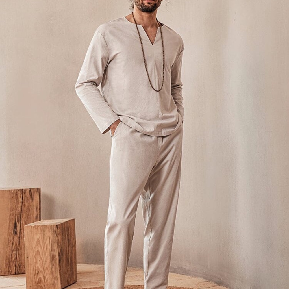 Men's Coofandy Men's 2 PC Linen T Shirt & Pant Set    "Large"